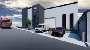 Render de la fachada de una nave industrial moderna, mostrando la entrada a las oficinas y vehículos estacionados al frente.