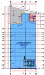 Plano arquitectónico de nave industrial en alquiler de 671.67 m² de almacenamiento y 27.5 m² de oficinas.