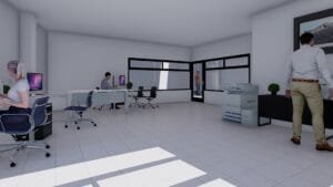 Render interior de una oficina en nave industrial San Isidro BP
