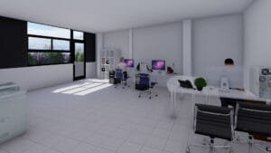 Render interior de una oficina en nave industrial San Isidro BP